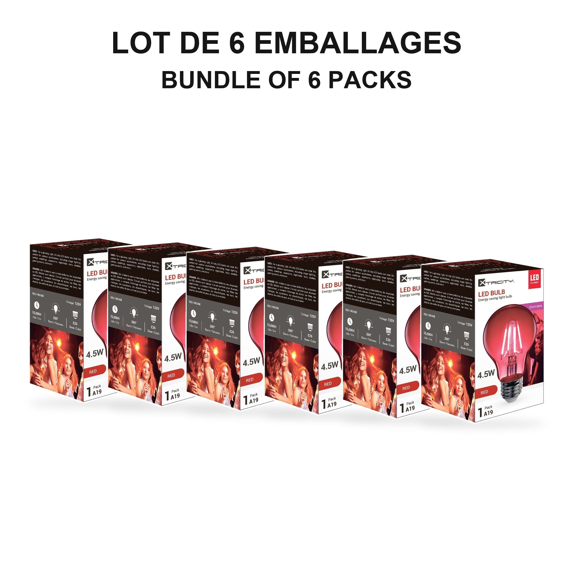Xtricity Ampoule DEL A19 - 4,5 W, rouge, à intensité variable - Lot de 6 - emballage - Simple Boutique