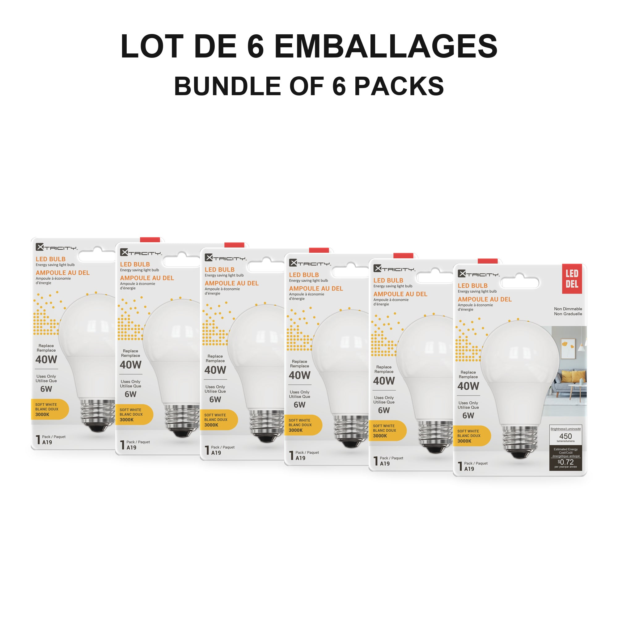 Xtricity Ampoule DEL A19 - 6W, blanc doux 3000K, non gradable, unité - Lot de 6 - emballage - Simple Boutique