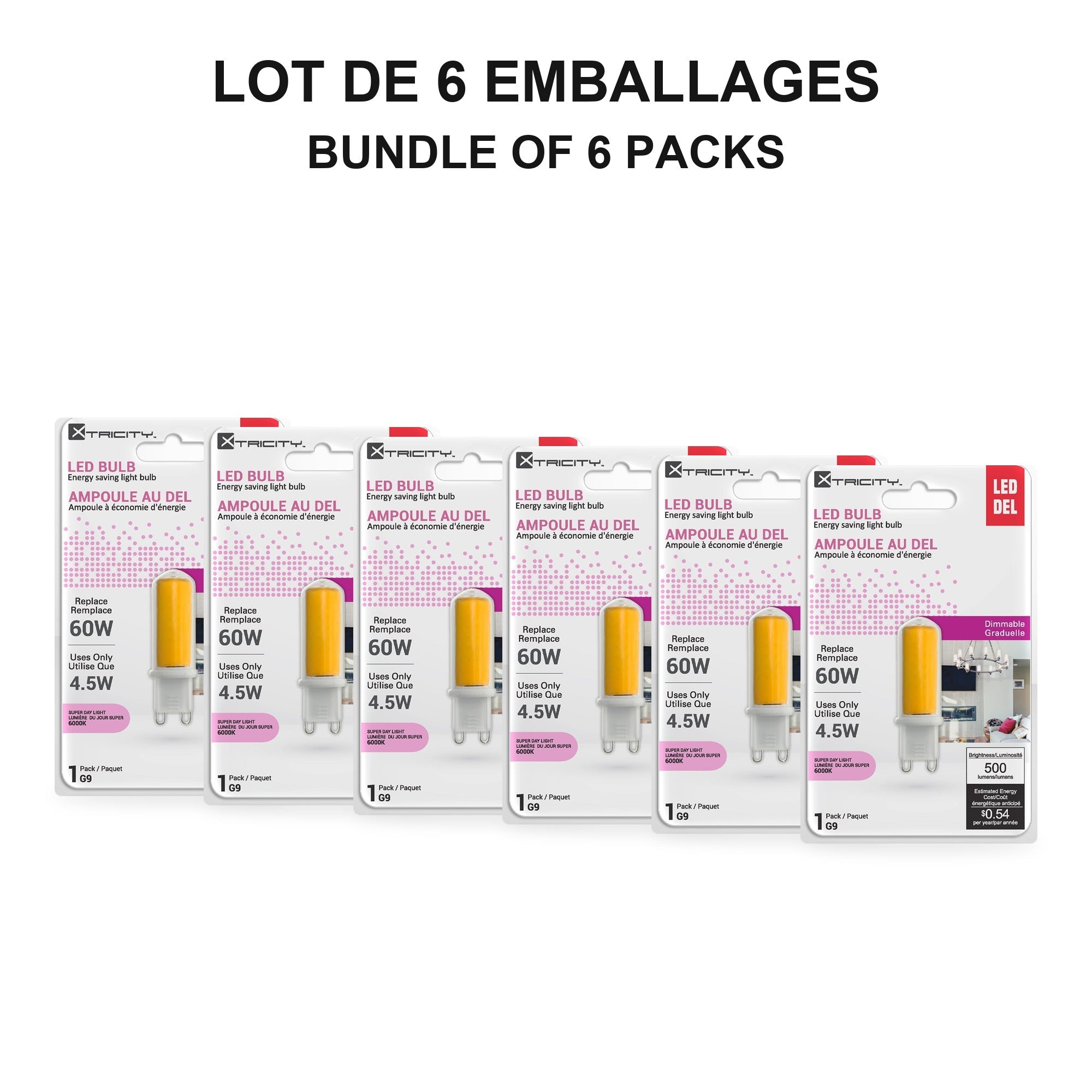 Xtricity Ampoule DEL G9 Capsule - 4,5W, équiv. 60W, 6000K Lumière du jour très froide, Gradable - Lot de 6 - emballage - Simple Boutique