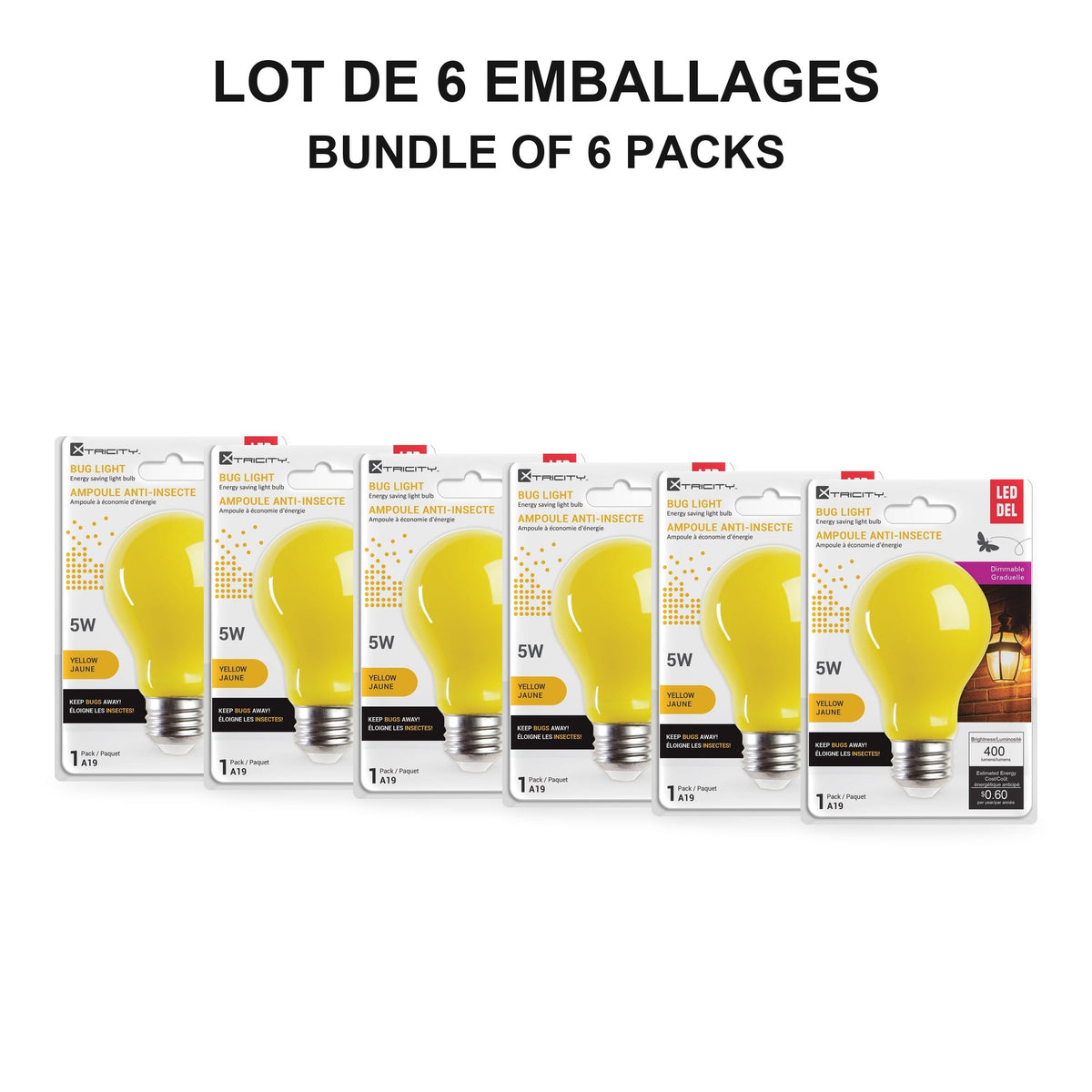 Xtricity Ampoule DEL anti-insectes A19, 5 W jaune, faisceau 360°, intensité réglable - Lot de 6 - emballage - Simple Boutique
