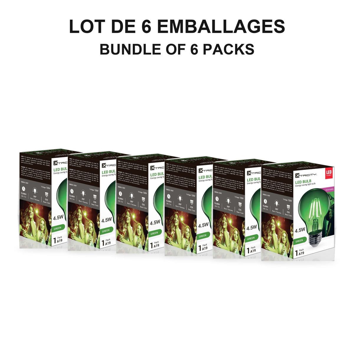 Xtricity Ampoule à filament couleur DEL A19, 4,5 W verte, à intensité variable - Lot de 6 - emballage - Simple Boutique