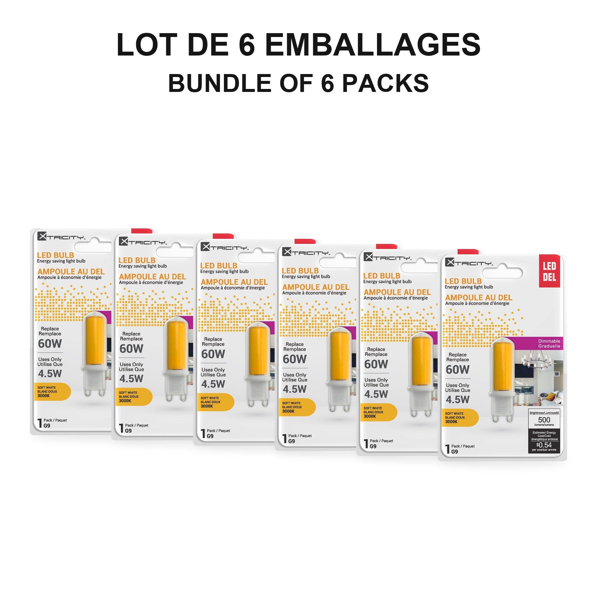 Xtricity Ampoule capsule DEL G9 - 4,5W, équiv. 60W, blanc doux 3000K, gradable - Lot de 6 - emballage - Simple Boutique