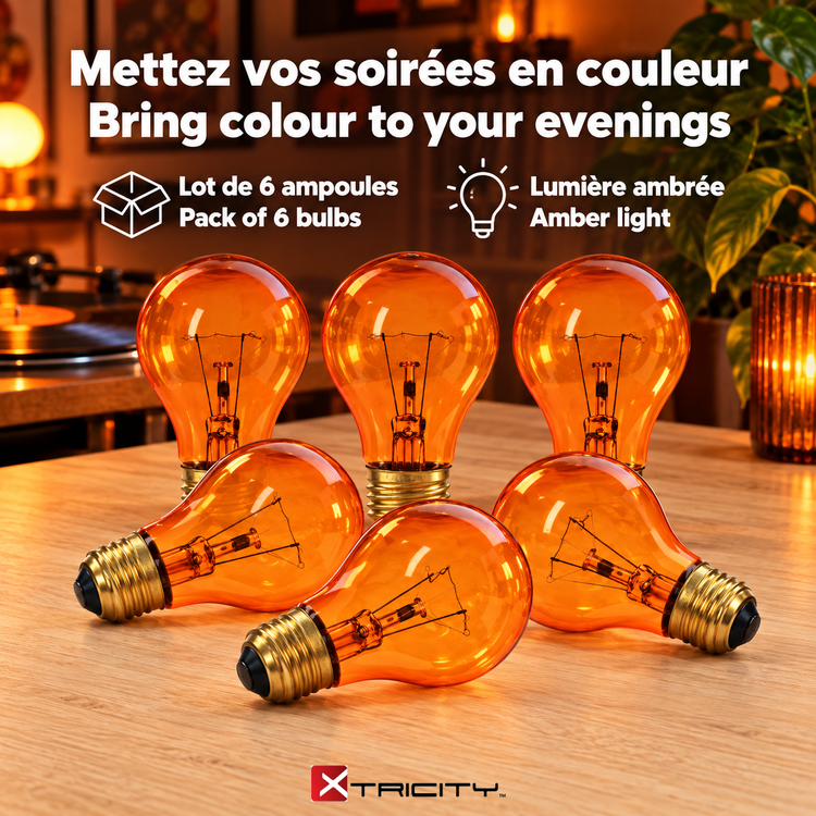 Xtricity Ampoule de fête A19 - 60W Ambre, Incandescente, Culot moyen E26, Simple - Lot de 6 - Simple Boutique
