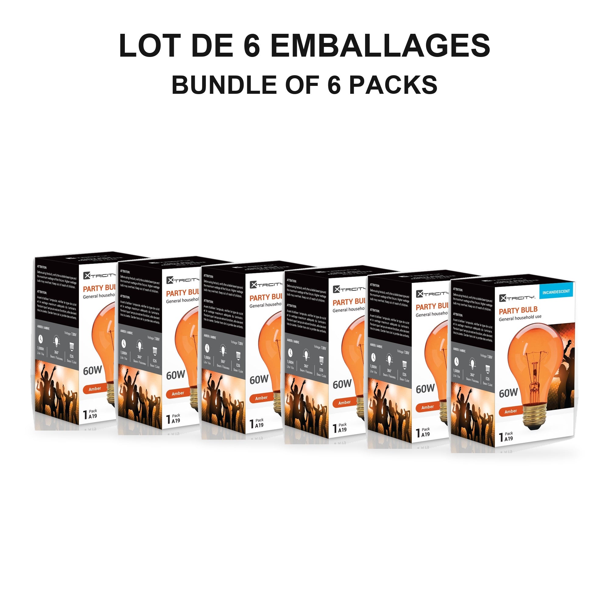 Xtricity Ampoule de fête A19 - 60W Ambre, Incandescente, Culot moyen E26, Simple - Lot de 6 - emballage - Simple Boutique