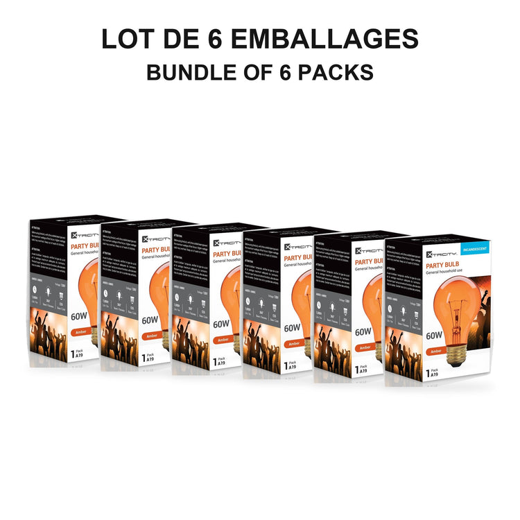 Xtricity Ampoule de fête A19 - 60W Ambre, Incandescente, Culot moyen E26, Simple - Lot de 6 - emballage - Simple Boutique