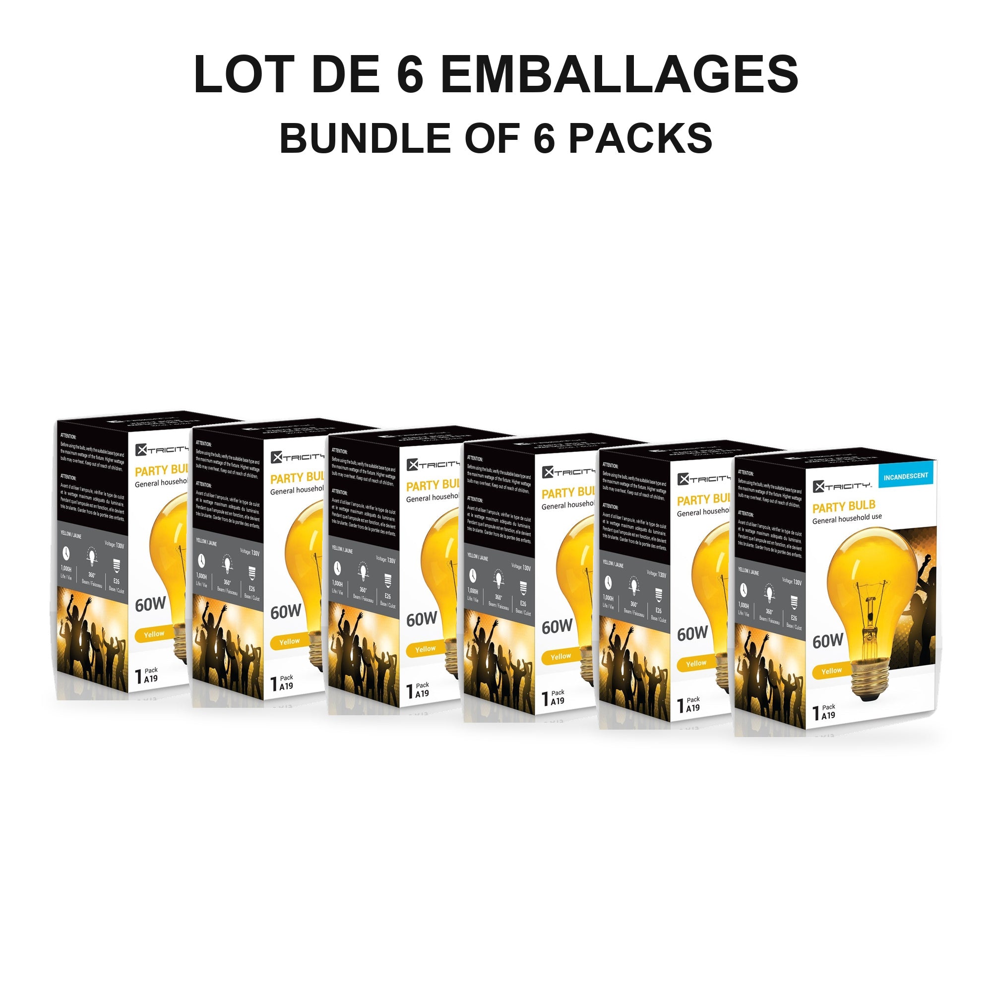 Xtricity Ampoule de fête A19 - 60W Jaune, Incandescente, Culot moyen E26, Simple - Lot de 6 - emballage - Simple Boutique