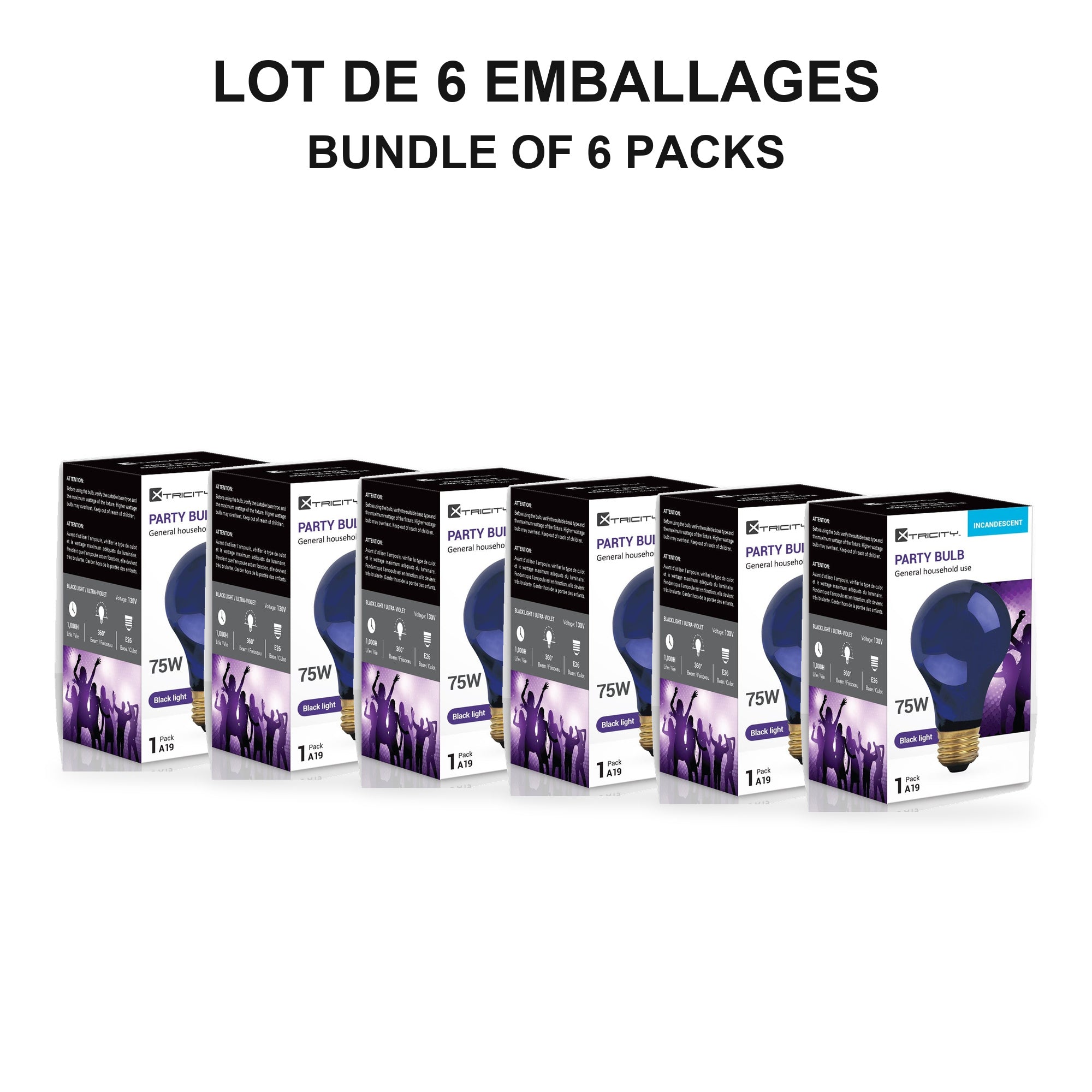 Xtricity Ampoule de fête A19 - 75W / Lumière noire, Ultraviolet - Lot de 6 - emballage - Simple Boutique