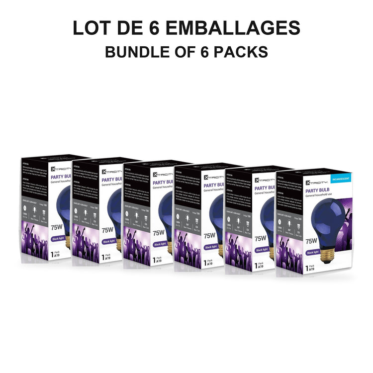 Xtricity Ampoule de fête A19 - 75W / Lumière noire, Ultraviolet - Lot de 6 - emballage - Simple Boutique