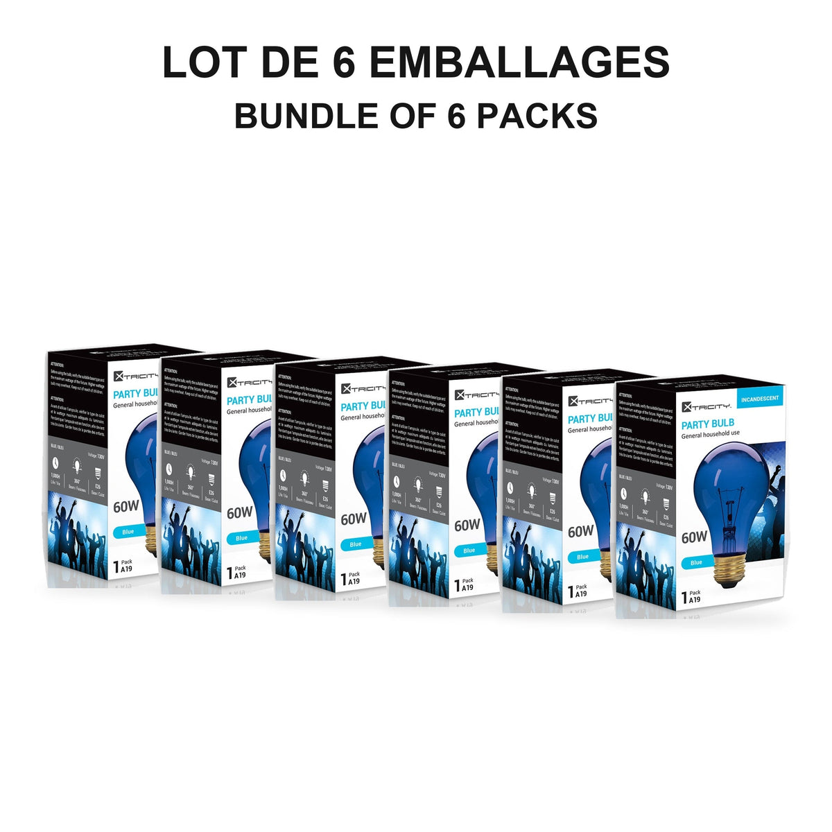 Xtricity Ampoule de fête A19 - bleue, 60 W, incandescente, culot moyen E26, une seule - Lot de 6 - emballage - Simple Boutique