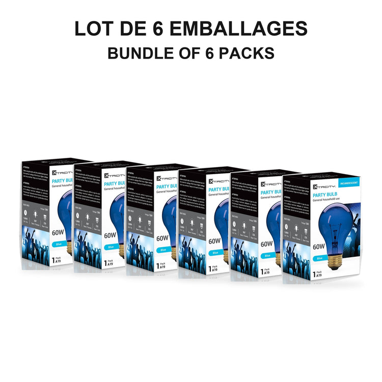Xtricity Ampoule de fête A19 - bleue, 60 W, incandescente, culot moyen E26, une seule - Lot de 6 - emballage - Simple Boutique