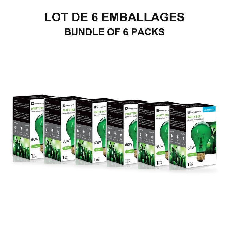 Xtricity Ampoule festive A19 - 60W verte, incandescente, culot moyen E26, simple - Lot de 6 - emballage - Simple Boutique