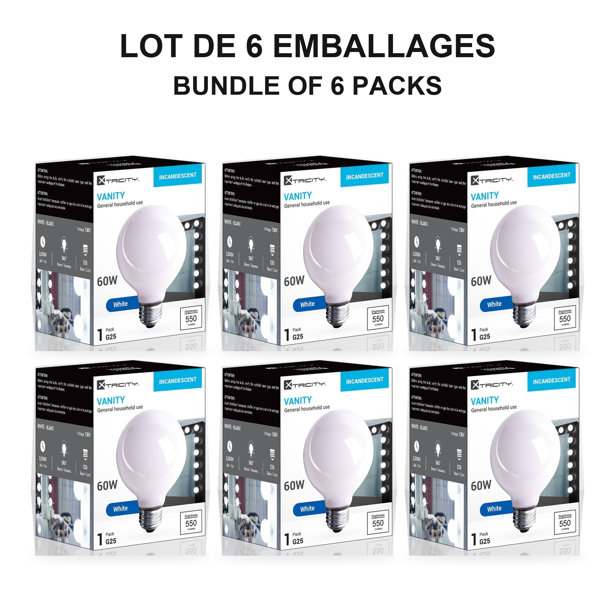Xtricity Ampoule globe G25 Vanity - 60W / Blanc / E26 - Lot de 6 - emballage - Simple Boutique