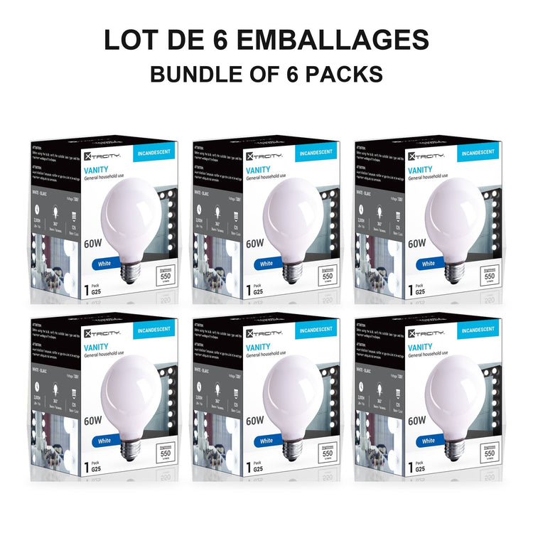 Xtricity Ampoule globe G25 Vanity - 60W / Blanc / E26 - Lot de 6 - emballage - Simple Boutique