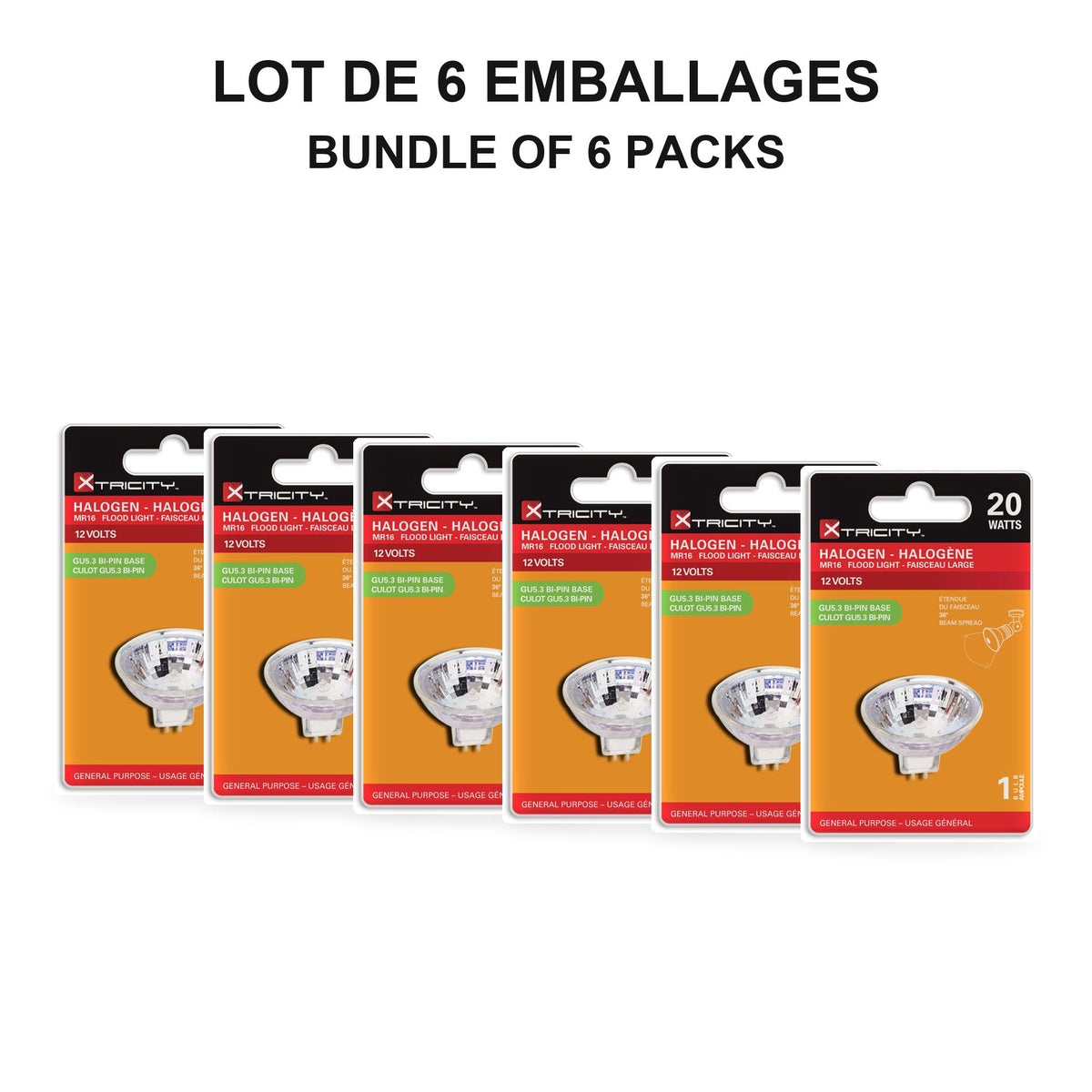 Xtricity Ampoule halogène MR16 - 20 W / 260 lumens / GU5.3, 12 V - Lot de 6 - emballage - Simple Boutique