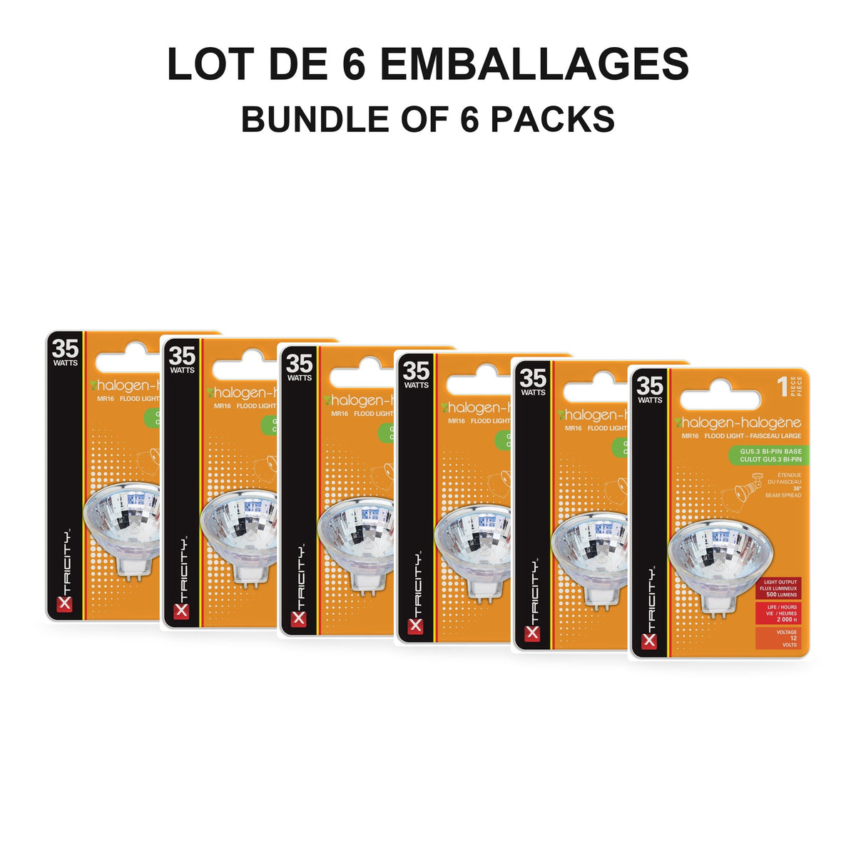 Xtricity Ampoule halogène MR16 - 35W / 500 lumens / angle de faisceau de 36° / GU5.3, 12V - Lot de 6 - emballage - Simple Boutique