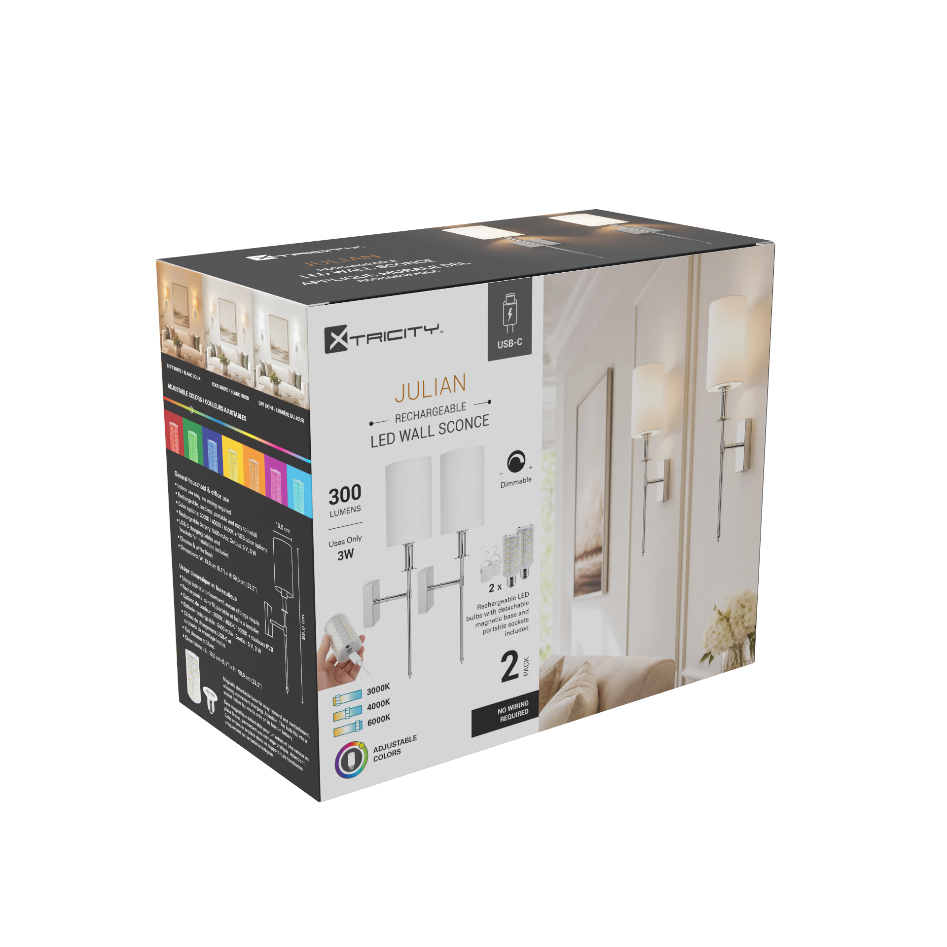 Xtricity Applique murale DEL rechargeable « Julian » 3 W, 300 lumens, 3000K, 4000K, 6000K + RVB, intensité variable - Chrome et blanc - Lot de 2 - emballage - Simple Boutique