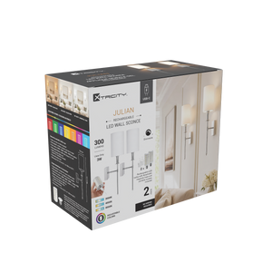Xtricity Applique murale DEL rechargeable « Julian » 3 W, 300 lumens, 3000K, 4000K, 6000K + RVB, intensité variable - Chrome et blanc - Lot de 2 - emballage - Simple Boutique