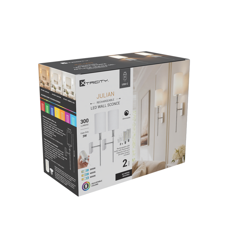 Xtricity Applique murale DEL rechargeable « Julian » 3 W, 300 lumens, 3000K, 4000K, 6000K + RVB, intensité variable - Chrome et blanc - Lot de 2 - emballage - Simple Boutique
