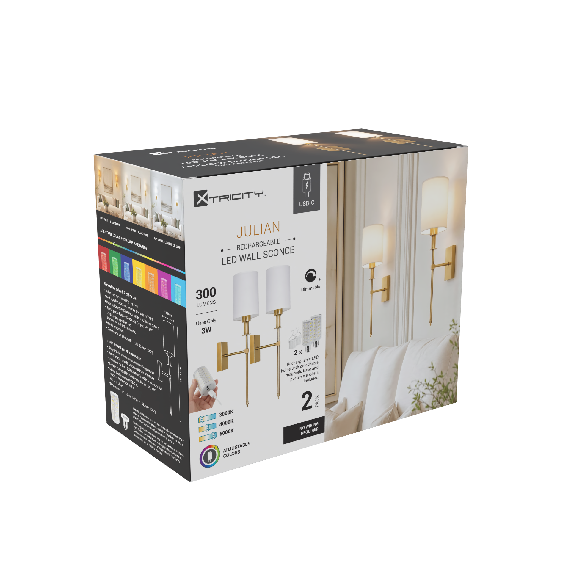 Xtricity Applique murale DEL rechargeable « Julian » 3 W, 300 lumens, 3000K, 4000K, 6000K + RVB, intensité variable - Or et blanc - Lot de 2 - emballage - Simple Boutique