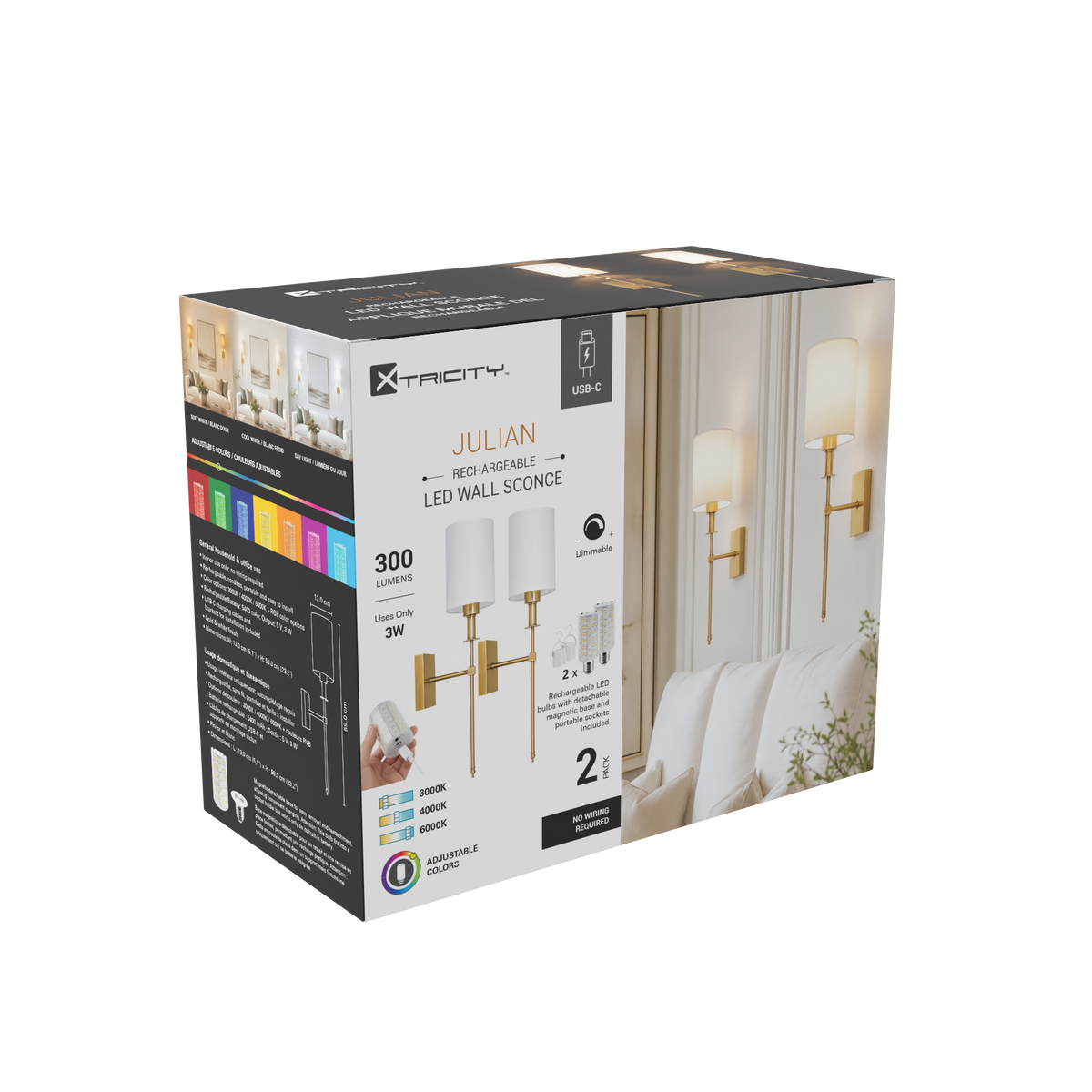 Xtricity Applique murale DEL rechargeable « Julian » 3 W, 300 lumens, 3000K, 4000K, 6000K + RVB, intensité variable - Or et blanc - Lot de 2 - emballage - Simple Boutique