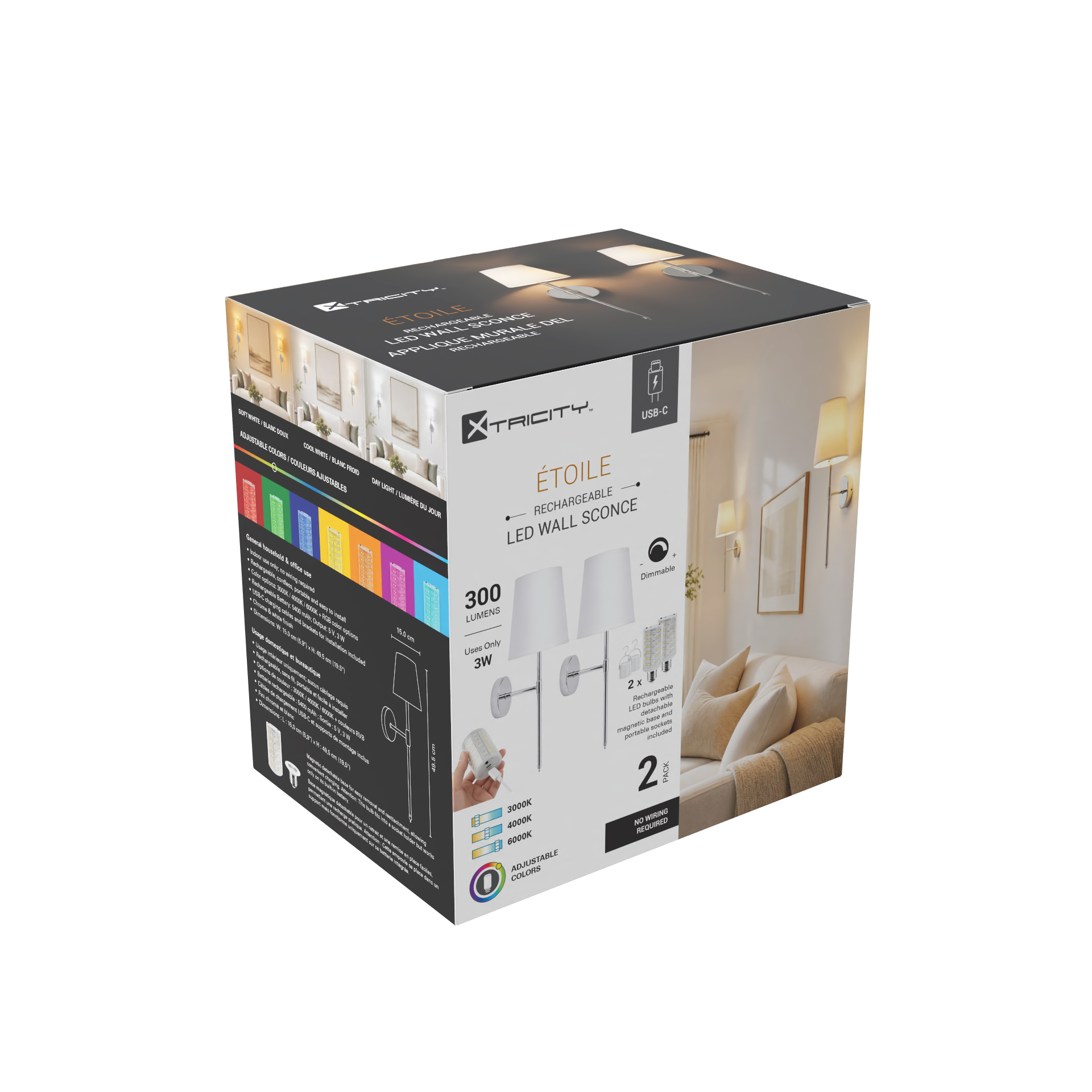 Xtricity Applique murale LED rechargeable "Étoile" 3W, 300 Lumens, 3000K, 4000K, 6000K + RVB, Dimmable - Chrome & blanc, Lot de 2 - emballage - Simple Boutique