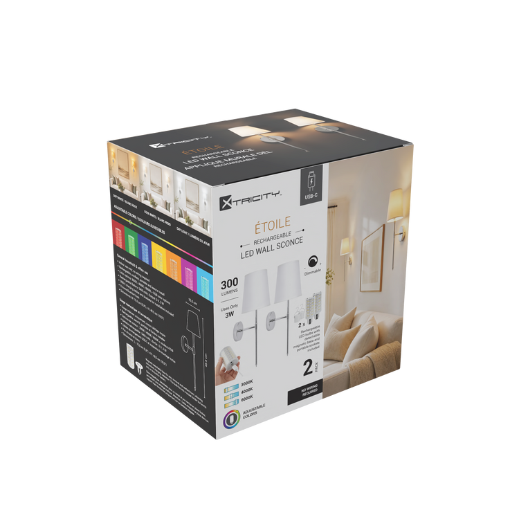 Xtricity Applique murale LED rechargeable "Étoile" 3W, 300 Lumens, 3000K, 4000K, 6000K + RVB, Dimmable - Chrome & blanc, Lot de 2 - emballage - Simple Boutique