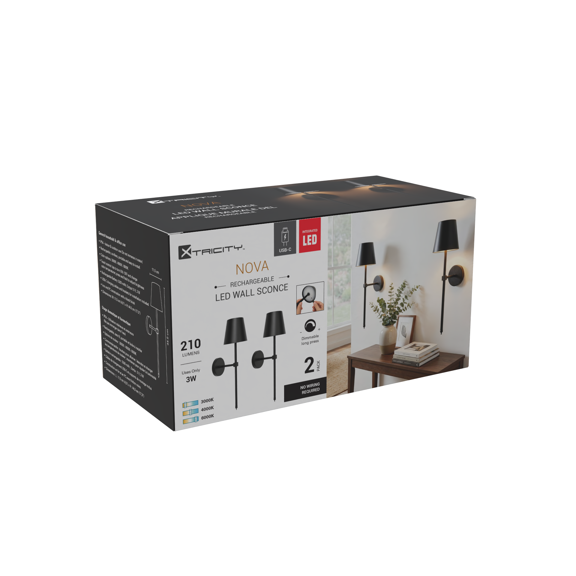Xtricity Applique murale LED rechargeable "Nova" 3W, 210 Lumens, 3000K, 4000K, 6000K, Intensité variable - Noir, Lot de 2 - emballage - Simple Boutique