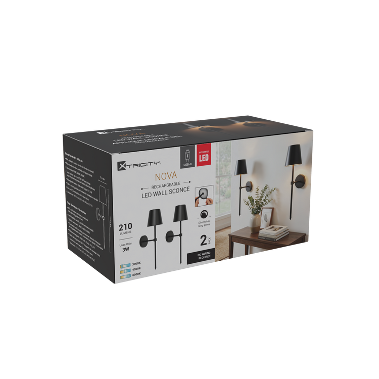 Xtricity Applique murale LED rechargeable "Nova" 3W, 210 Lumens, 3000K, 4000K, 6000K, Intensité variable - Noir, Lot de 2 - emballage - Simple Boutique