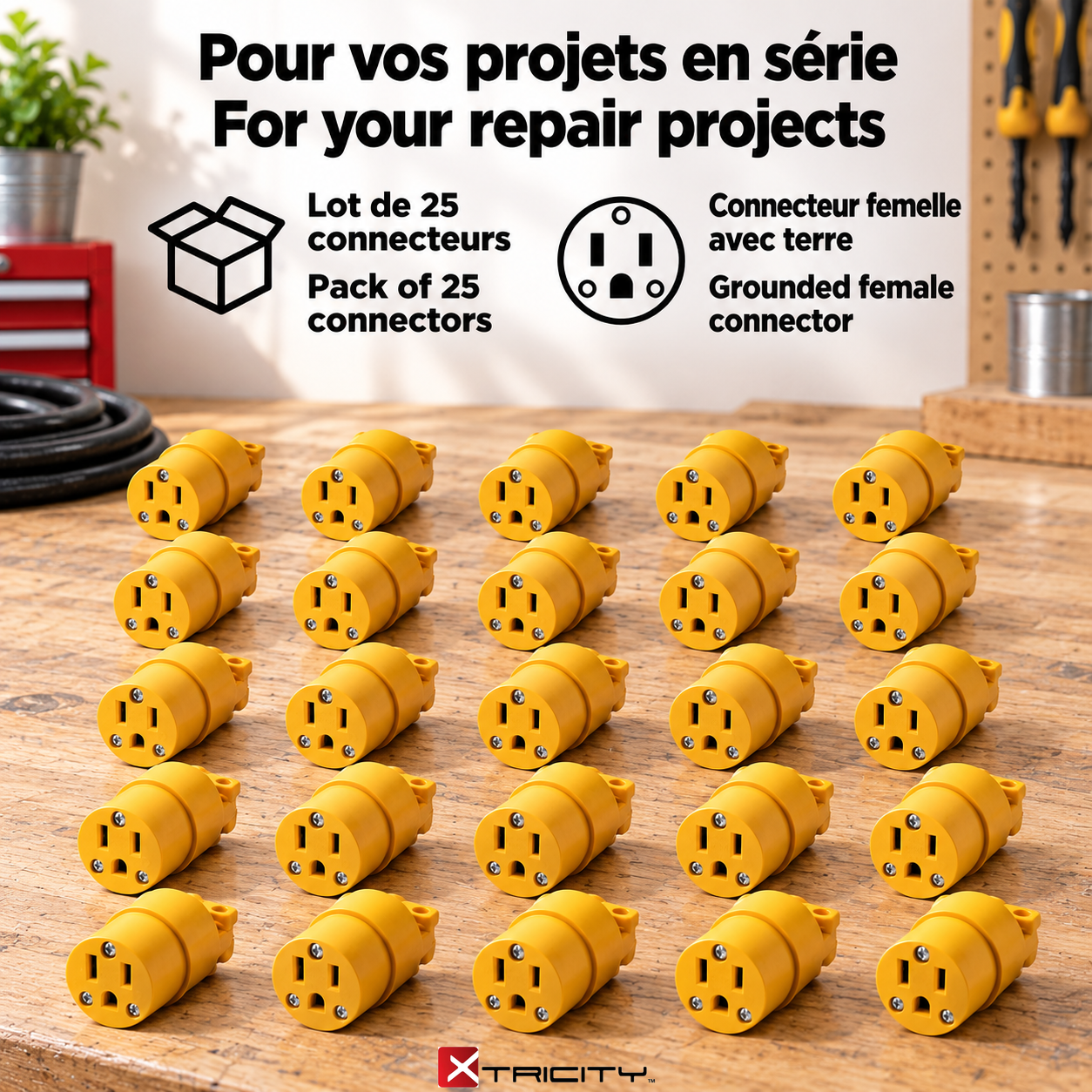 Xtricity Connecteur femelle à prise de terre 15 A, vrac - Lot de 25 - Simple Boutique