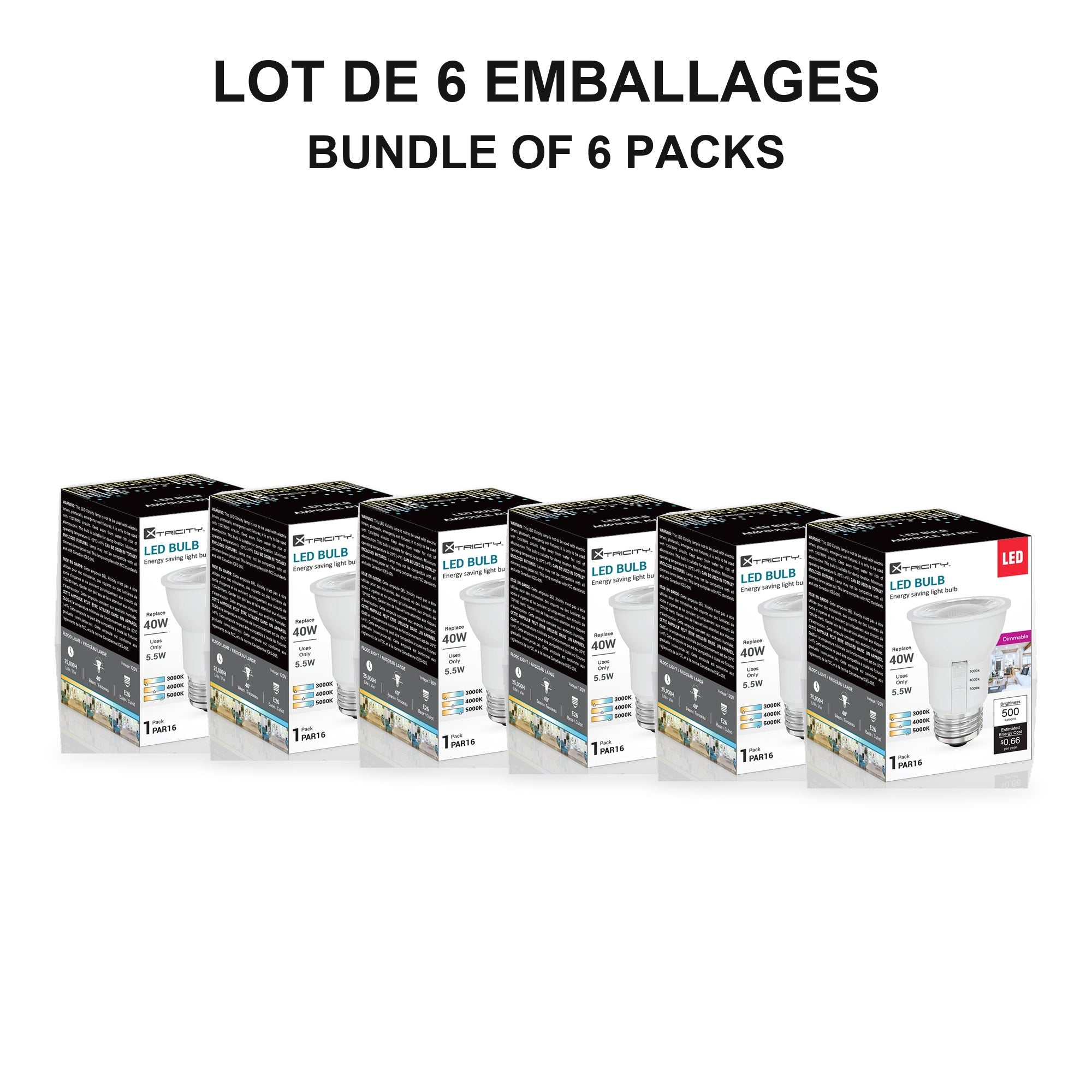 Xtricity DEL PAR16 Flood, 5,5W, sélectionnable 3000K/4000K/5000K, faisceau 40°, intensité variable - Lot de 6 - emballage - Simple Boutique