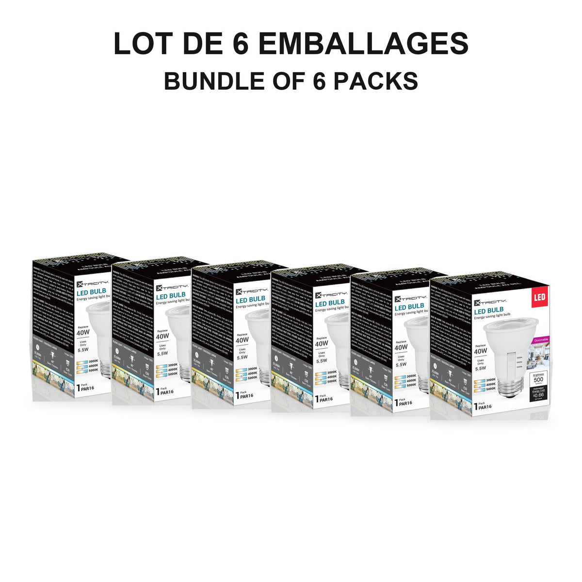 Xtricity DEL PAR16 Flood, 5,5W, sélectionnable 3000K/4000K/5000K, faisceau 40°, intensité variable - Lot de 6 - emballage - Simple Boutique