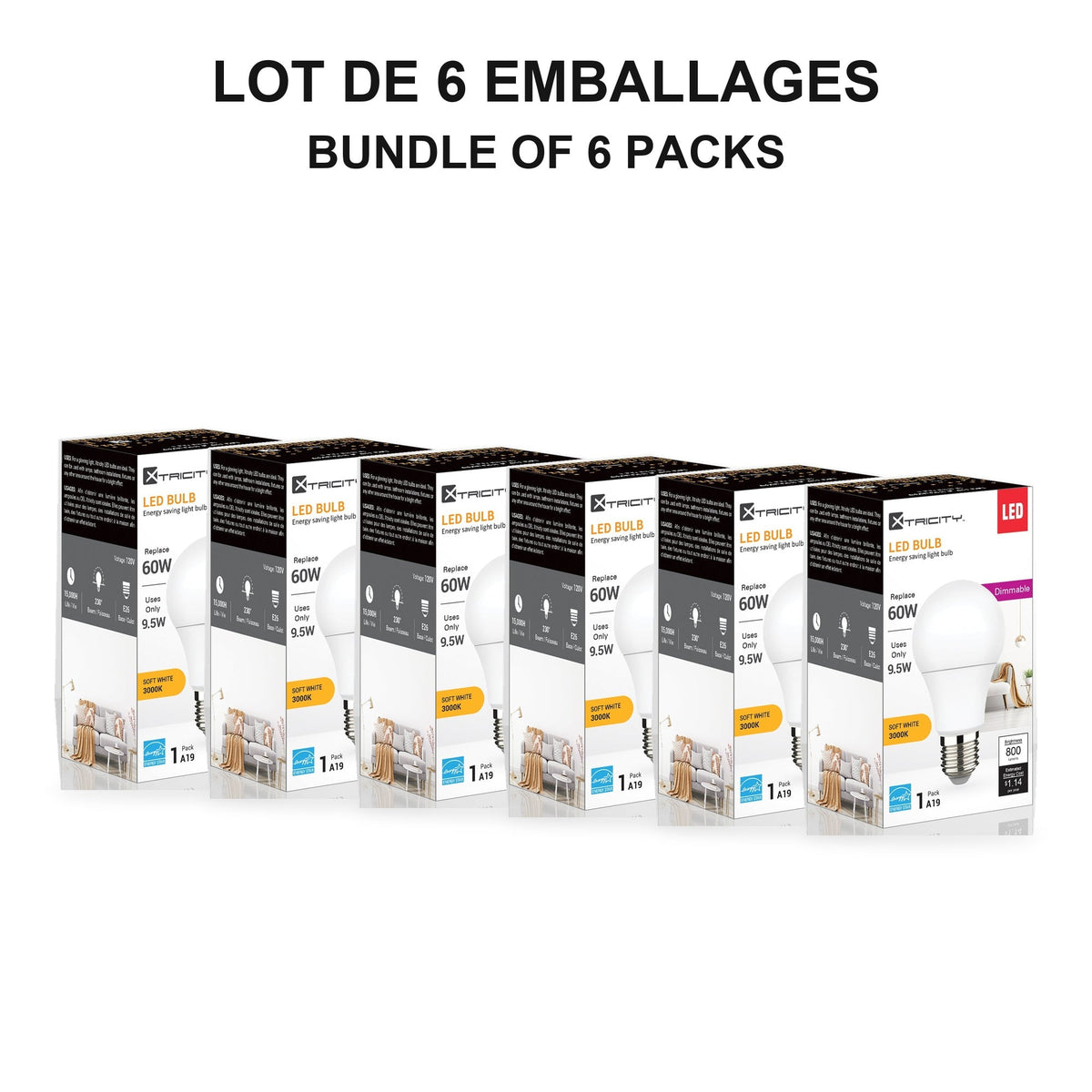 Xtricity DEL Type A19 9,5W / 120V / E26 / 3000K Blanc Chaud Dimmable - Lot de 6 - emballage - Simple Boutique