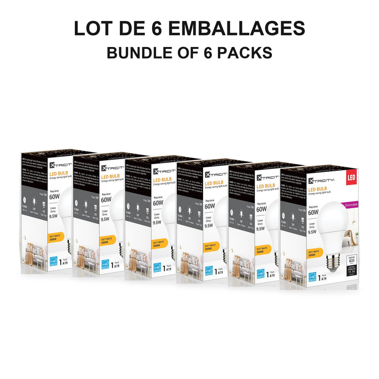 Xtricity DEL Type A19 9,5W / 120V / E26 / 3000K Blanc Chaud Dimmable - Lot de 6 - emballage - Simple Boutique
