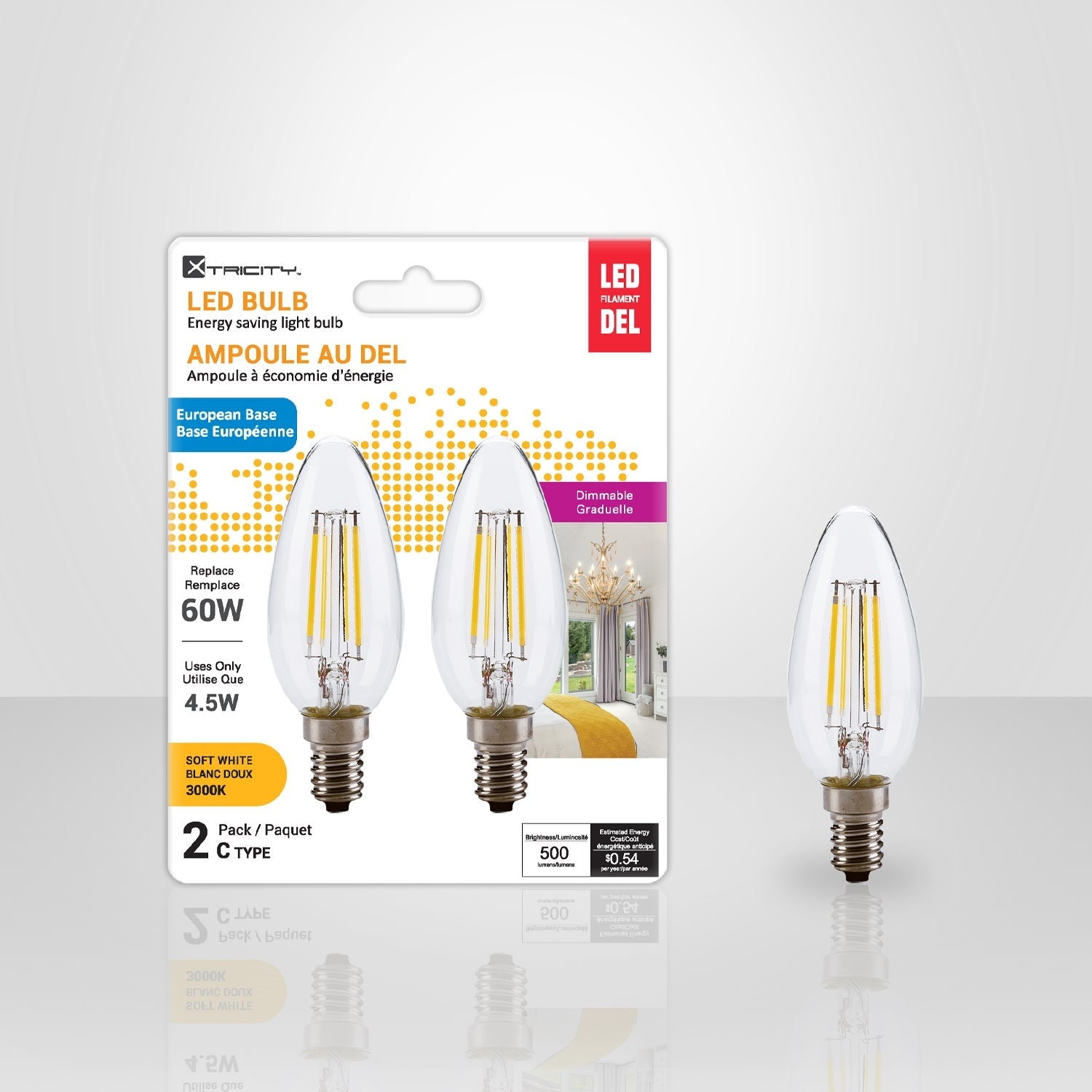 Xtricity - Ensemble de 2 Ampoules DEL à Économie d'énergie, Gradable, Type C, 4.5W, 3000K Blanc Doux - Simple Boutique