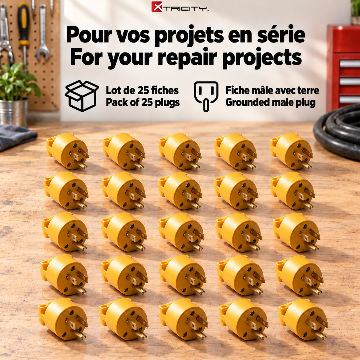 Xtricity Fiche mâle à 3 broches 15 A, en vrac - Lot de 25 - Simple Boutique