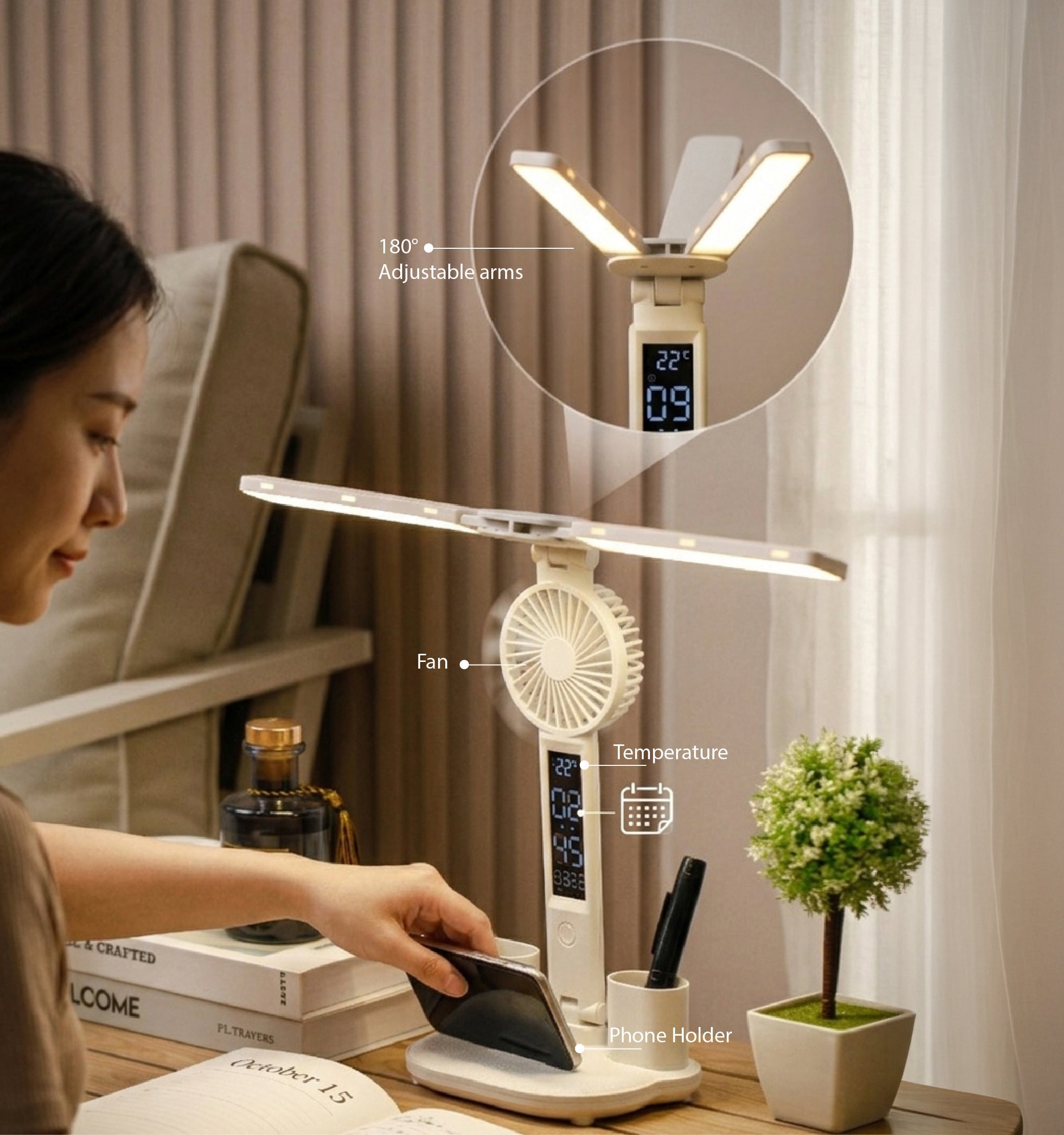 Xtricity Lampe de bureau DEL pliable rechargeable par USB avec ventilateur, horloge numérique et alarme - Support pour téléphone et porte-stylo, blanche - Simple Boutique