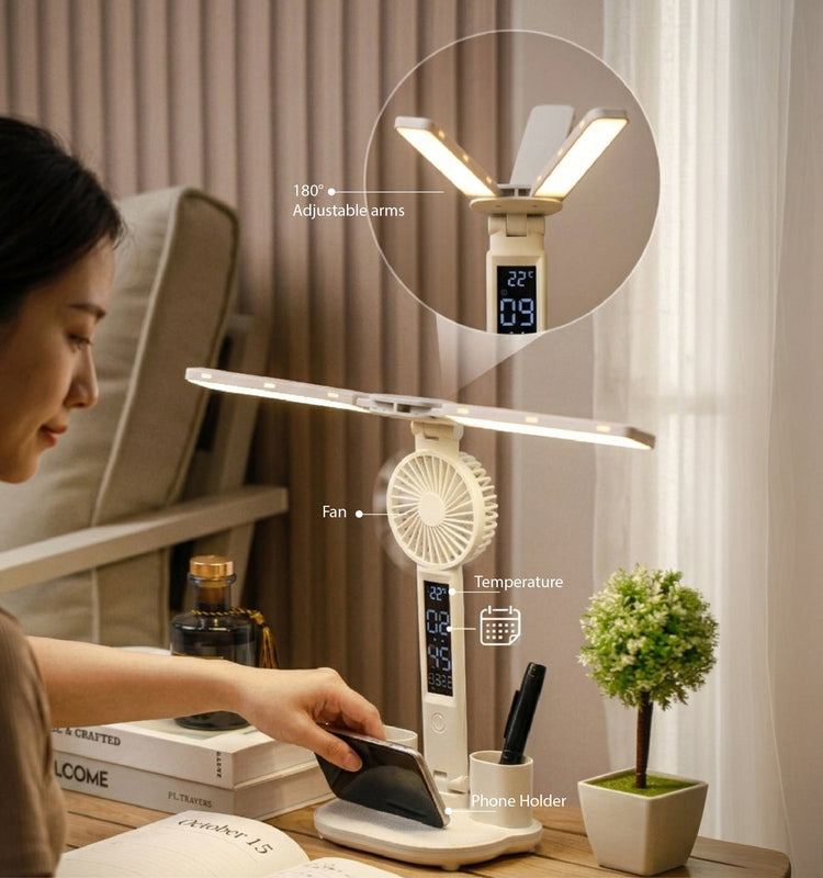 Xtricity Lampe de bureau DEL pliable rechargeable par USB avec ventilateur, horloge numérique et alarme - Support pour téléphone et porte-stylo, blanche - Simple Boutique