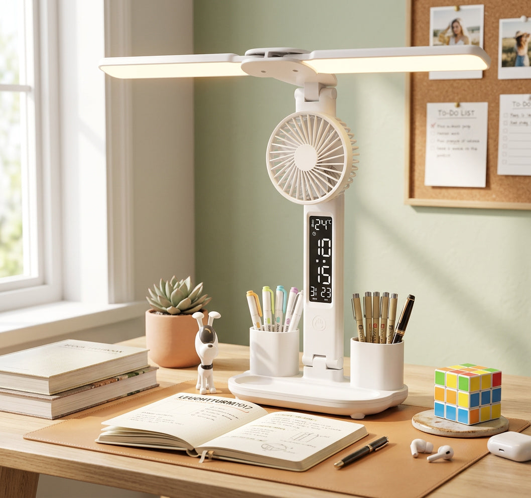 Xtricity Lampe de bureau DEL pliable rechargeable par USB avec ventilateur, horloge numérique et alarme - Support pour téléphone et porte-stylo, blanche - Simple Boutique