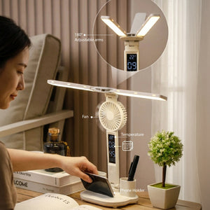 Xtricity Lampe de bureau DEL pliable rechargeable par USB avec ventilateur, horloge numérique et alarme - Support pour téléphone et porte-stylo, blanche - Simple Boutique