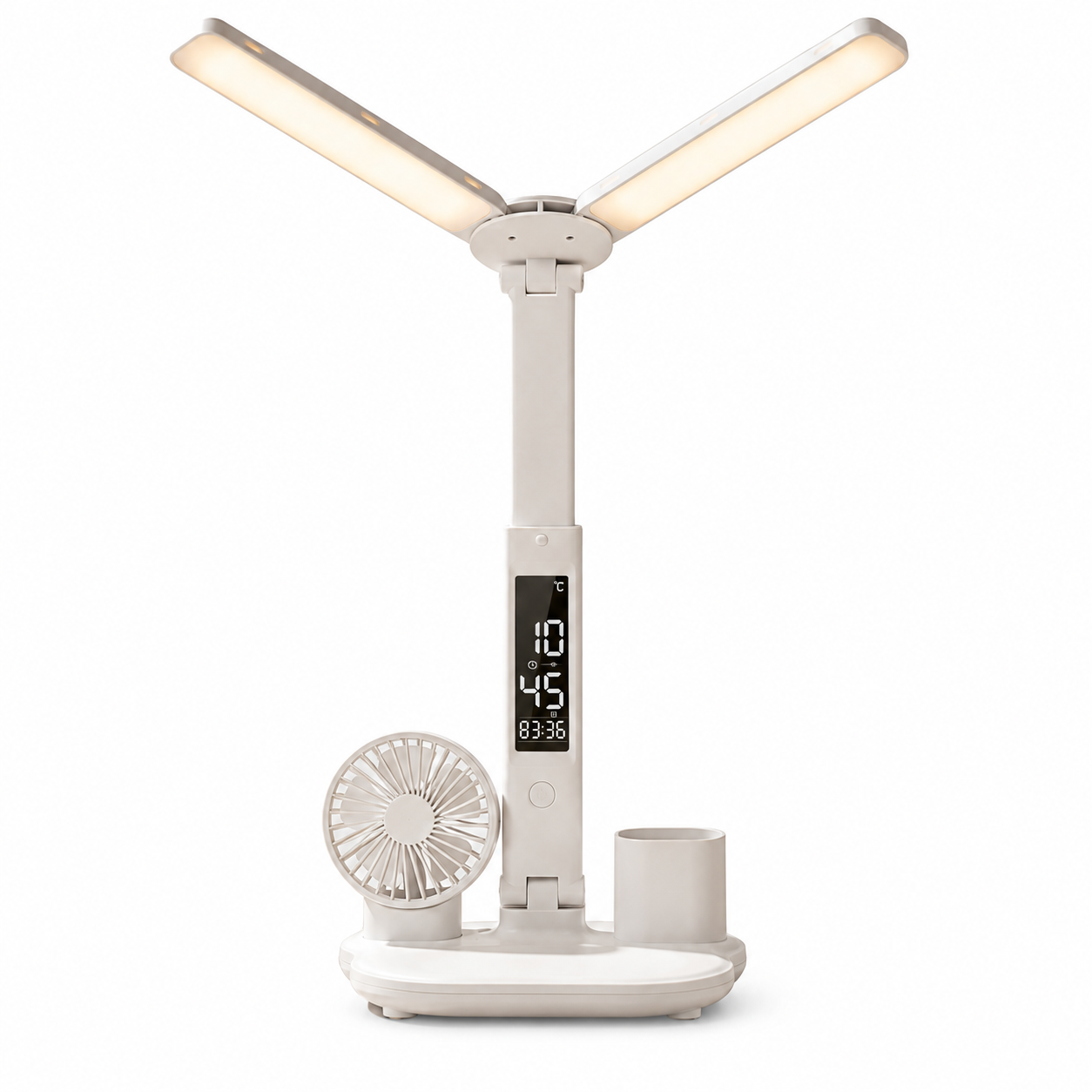 Xtricity Lampe de bureau DEL pliable rechargeable par USB avec ventilateur, horloge numérique et alarme - Support pour téléphone et porte-stylo, blanche - Simple Boutique