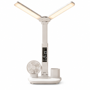 Xtricity Lampe de bureau DEL pliable rechargeable par USB avec ventilateur, horloge numérique et alarme - Support pour téléphone et porte-stylo, blanche - Simple Boutique