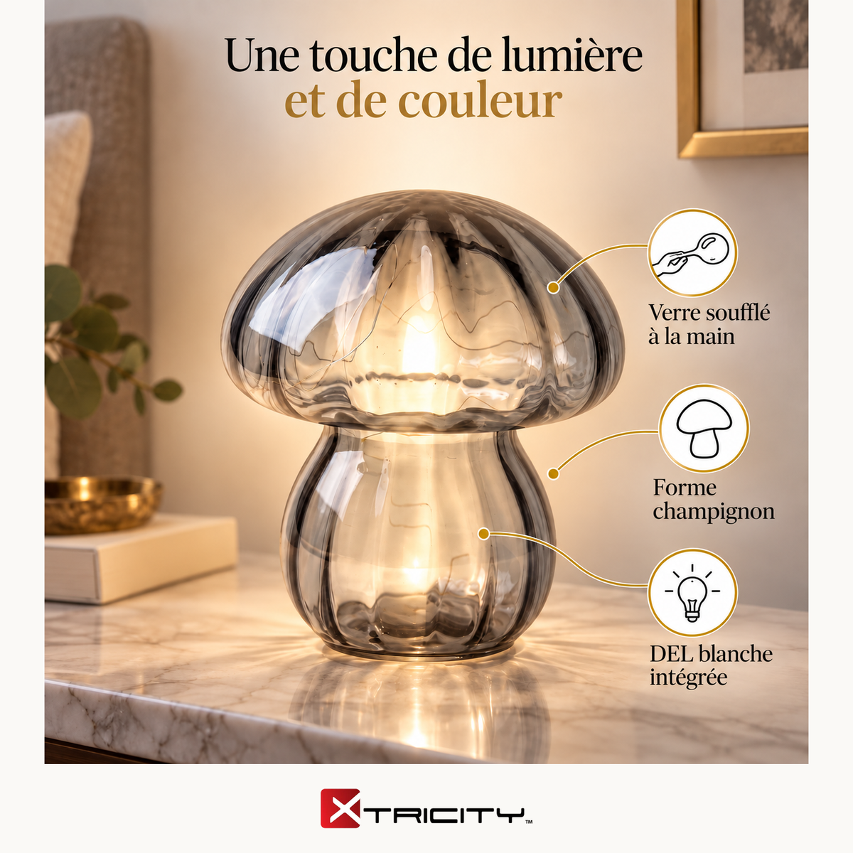 Lampe de table en verre champignon grise — Avantages — logo original Xtricity
