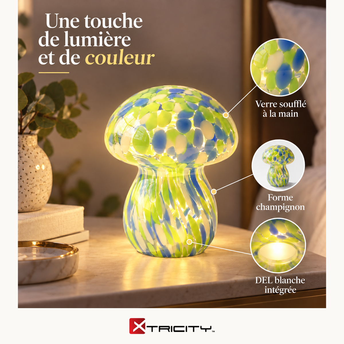 Lampe de table en verre soufflé Champignon Bleu — Avantages — logo original Xtricity