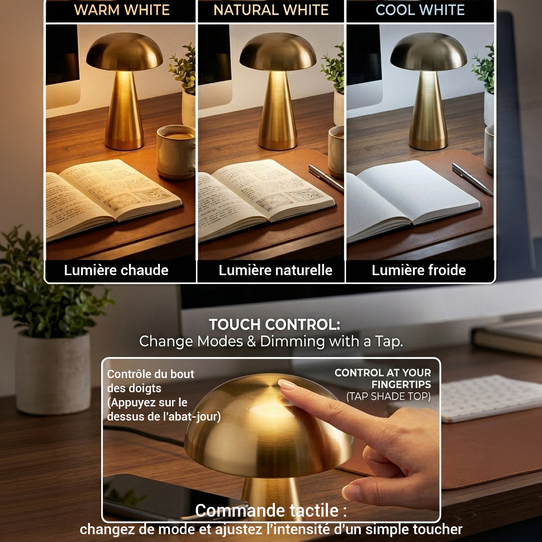 Xtricity Lampe de table tactile DEL rechargeable USB Cremini - Sans fil, à intensité variable, 3 couleurs, or - Simple Boutique