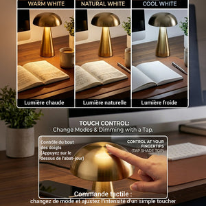 Xtricity Lampe de table tactile DEL rechargeable USB Cremini - Sans fil, à intensité variable, 3 couleurs, or - Simple Boutique