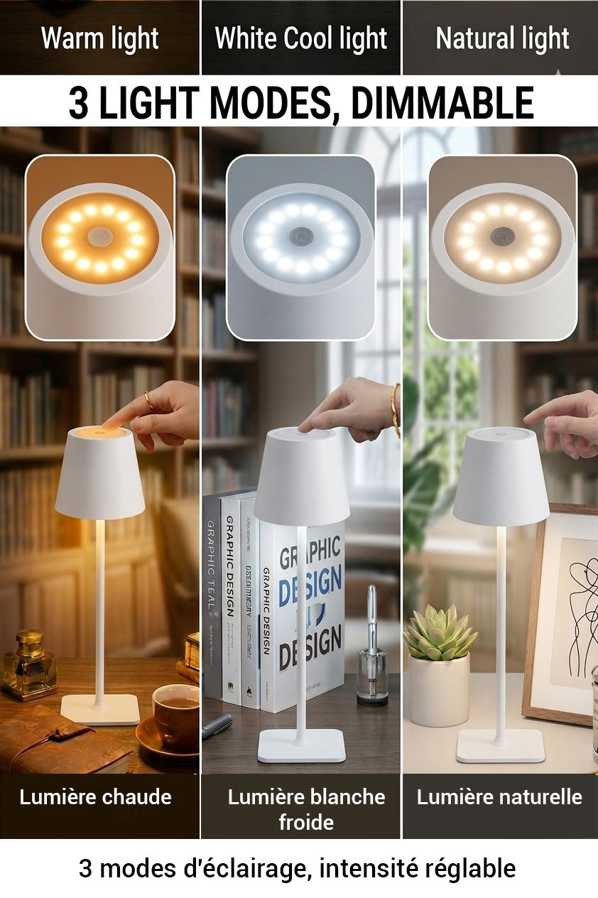 Xtricity Lampe de table tactile DEL rechargeable USB Lucie - Fine, sans fil, intensité réglable, 3 couleurs, blanc - Simple Boutique