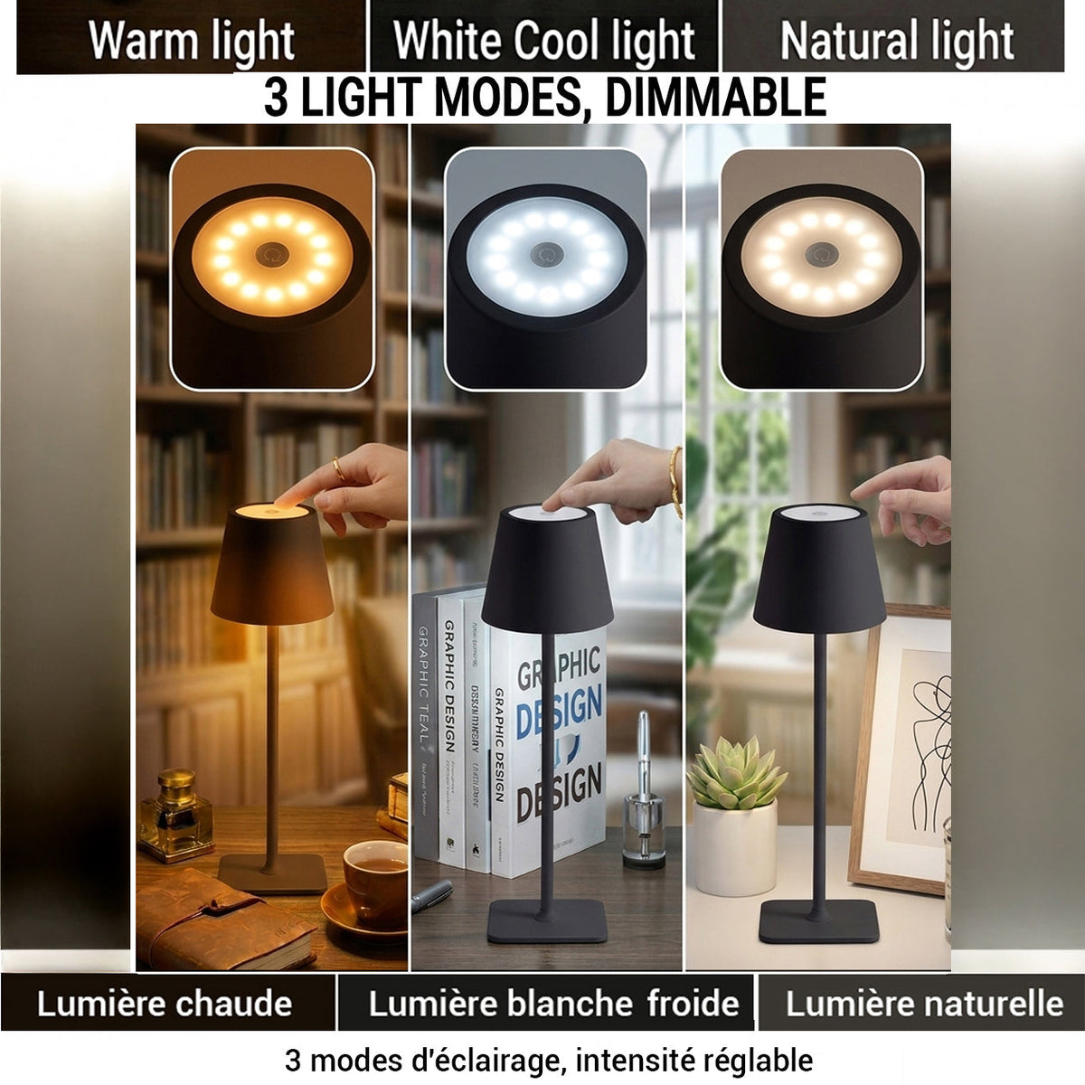 Xtricity Lampe de table tactile DEL rechargeable USB Lucie - Fine, sans fil, intensité réglable, 3 couleurs, noire - Simple Boutique