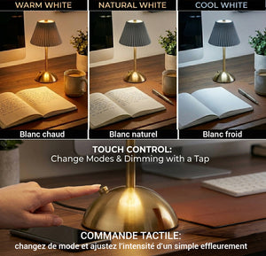 Xtricity Lampe de table tactile à DEL rechargeable USB Roccabella - abat-jour plissé gris et or, sans fil, variable 3 couleurs - Simple Boutique
