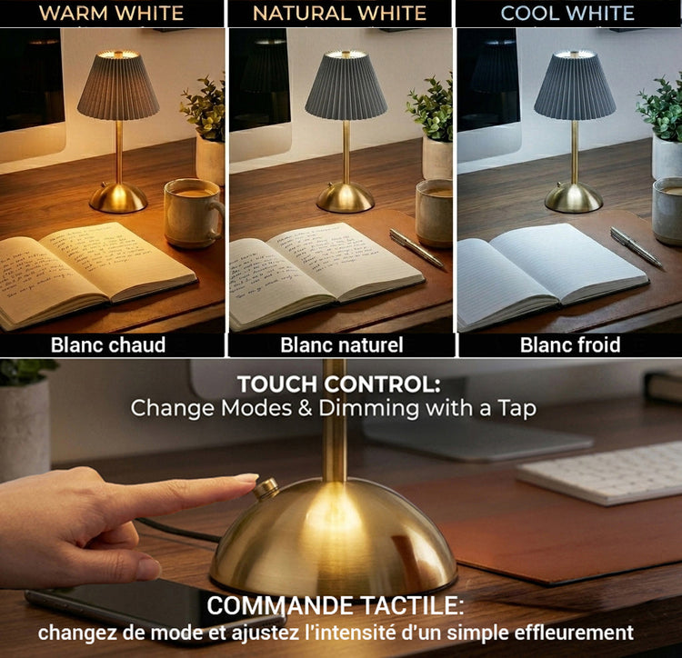 Xtricity Lampe de table tactile à DEL rechargeable USB Roccabella - abat-jour plissé gris et or, sans fil, variable 3 couleurs - Simple Boutique