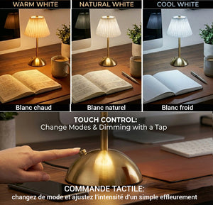 Xtricity Lampe de table tactile à DEL rechargeable USB Roccabella - abat-jour plissé ivoire et or, sans fil, variable 3 couleurs - Simple Boutique